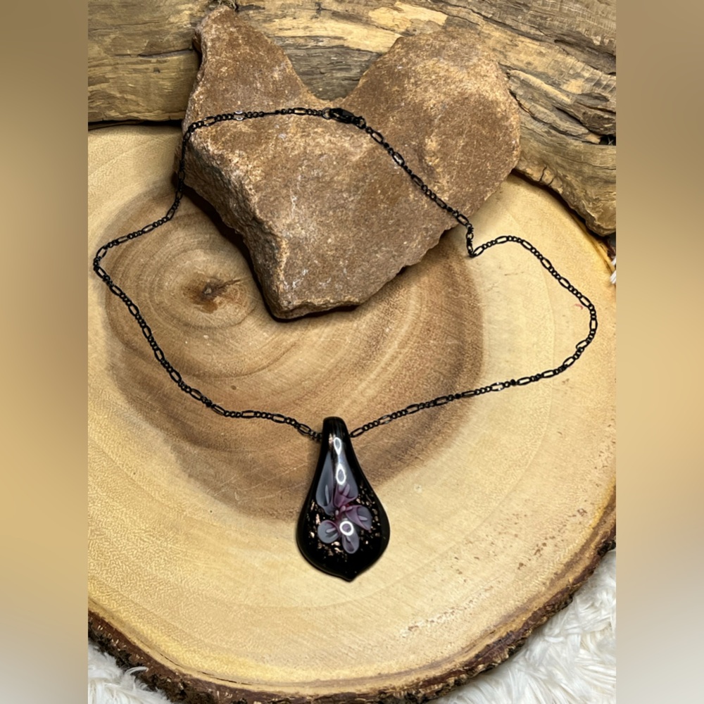 Teardrop floral glass art necklace